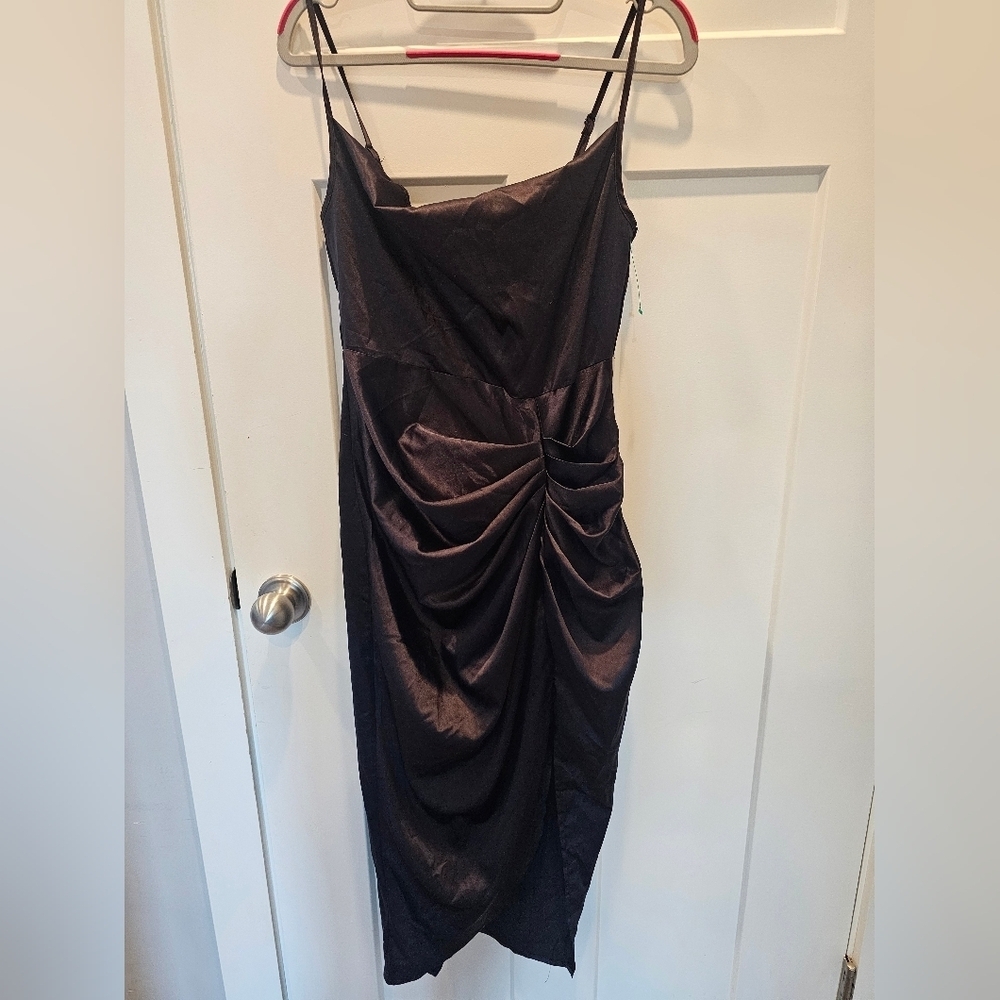 SHEIN X Black Satin Ruched Midi Dress Size Small